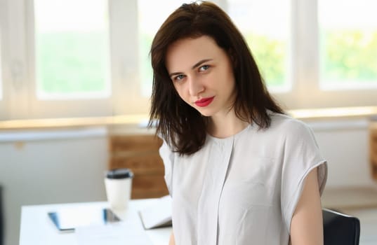Portrait of brunette female, office clerk, presentable outfit, secretary lady on workplace. Qualified company employee, corporate worker. Business concept
