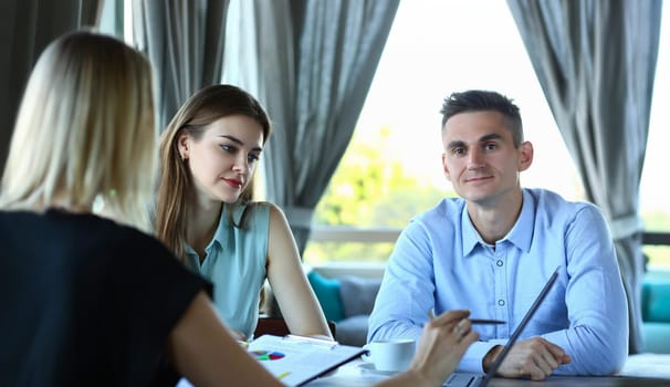 Portrait of biz partners discuss contract terms on meeting in cafe, businesspeople talk about progress. Business, career, strategy, deal, success concept