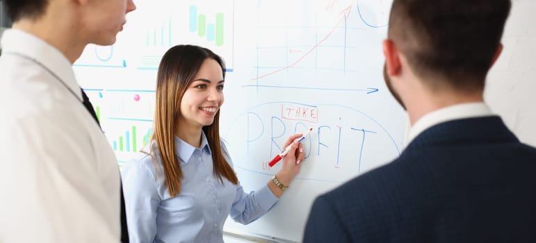 Portrait of clever woman draw motivational text on board in office, female manager prepare strategy. Goal, business, career growth, development concept