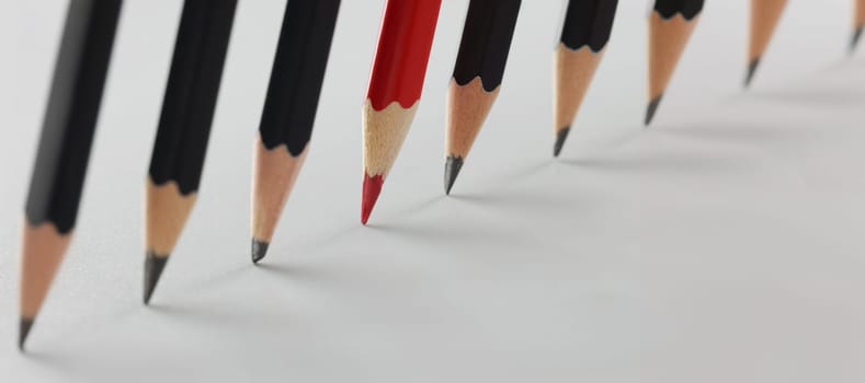 Close-up of tips of group of pencils put on paper in strict order, red among black pens. Idea of creativity and uniqueness. Stay different, leader concept