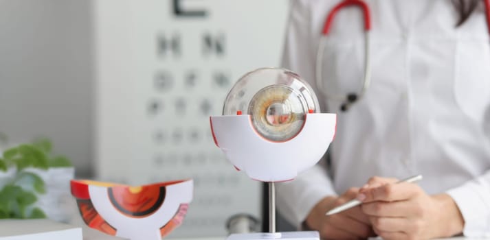 Close-up of ophthalmologist doctor in clinic, part of eye model on desk, oculus sample. Make appointment at oculist. Health, ophthalmology, checkup concept