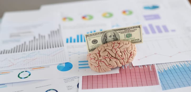 Close-up of banknote fit in anatomical model of human brain, miniature put on business papers. Make money with your intellect. Earn money with mind concept