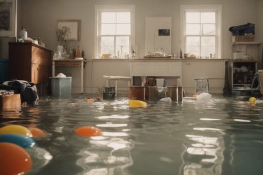 A flooded living room with an abundance of furniture scattered throughout the room.