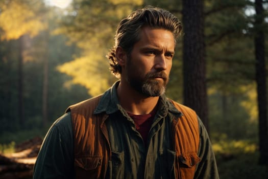 A bearded man stands among the trees in a dense forest.