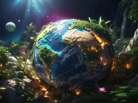An image showcasing the contrast between a vibrant forest and the presence of the Earth.