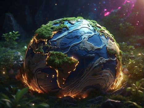 A spherical object emitting a vibrant glow stands out in the middle of a dense forest.