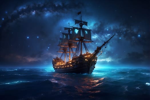 A pirate ship with its sails billowing in the wind sails through the dark waters of the ocean under the moonlight.