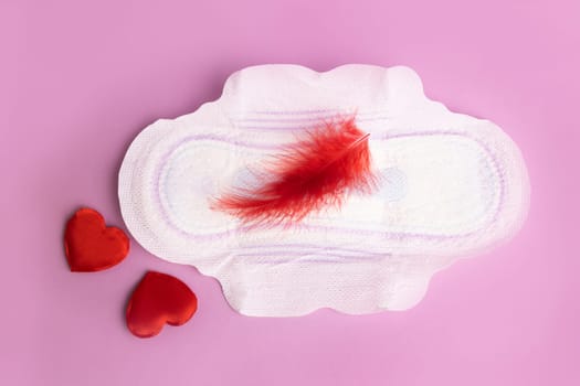 Menstruation calendar concept with sanitary pads and feather .