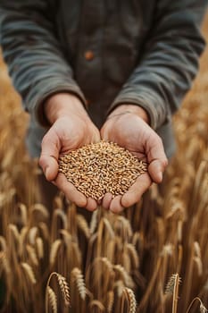 farmer holds grains of wheat in his hands against the background of a field, food, Generative AI,