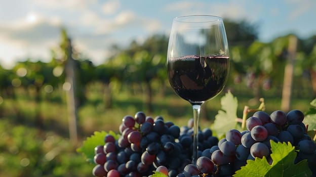 glass of wine against the background of a vineyard, drink, Generative AI,