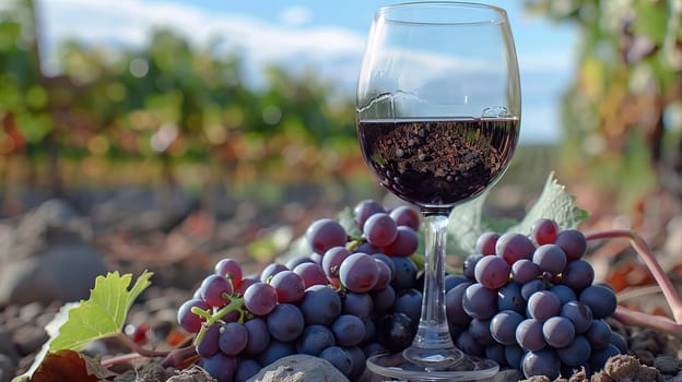 glass of wine against the background of a vineyard, Generative AI,