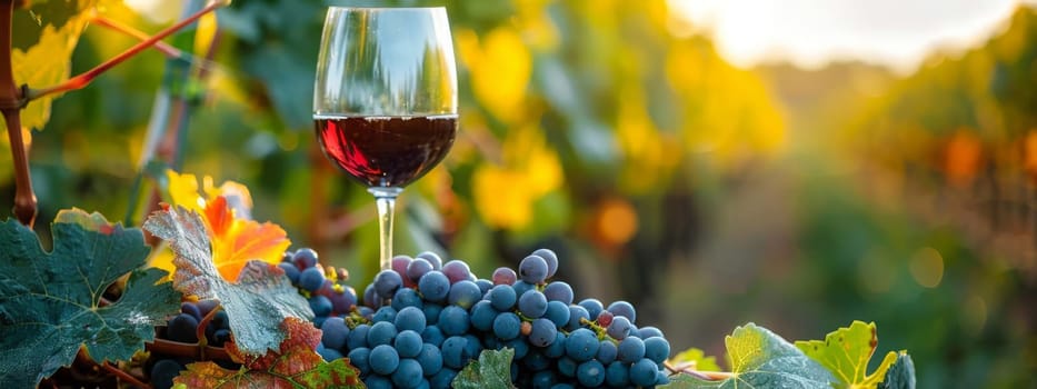 glass of wine against the background of a vineyard, Generative AI,