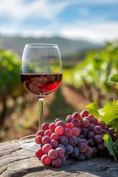 glass of wine against the background of a vineyard, Generative AI,