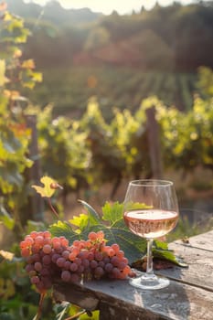glass of wine against the background of a vineyard, Generative AI,