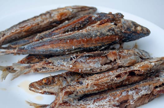 Deep fried sardines fish on white place. Asian food concept.