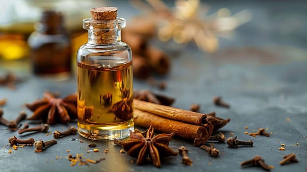 anise and cinnamon oil extract in a small bottle, nature Generative AI,
