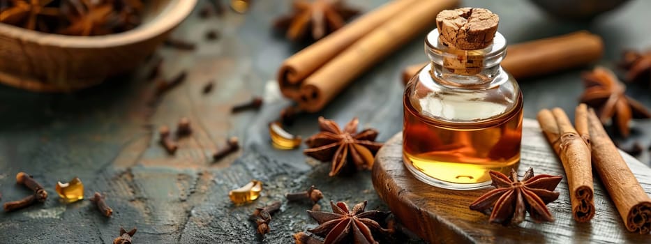anise and cinnamon oil extract in a small bottle, nature Generative AI,