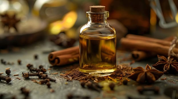 anise and cinnamon oil extract in a small bottle, nature Generative AI,