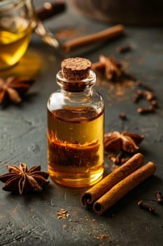 anise and cinnamon oil extract in a small bottle, nature Generative AI,