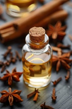 anise and cinnamon oil extract in a small bottle, nature Generative AI,