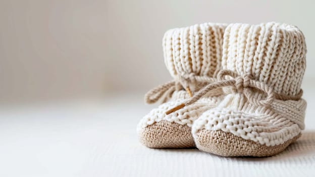 baby booties on a white background. Selective focus. Generative AI,