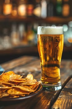 Glass of beer with snack, drink Generative AI,
