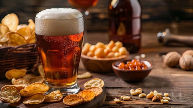 Glass of beer with snack, drink Generative AI,