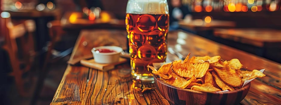 Glass of beer with snack, drink Generative AI,