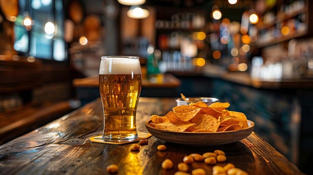Glass of beer with snack, drink Generative AI,