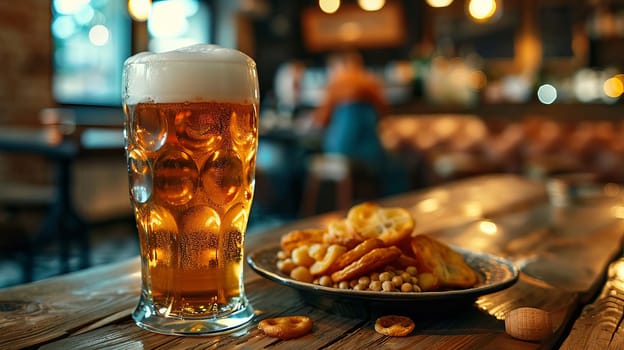 Glass of beer with snack, drink Generative AI,