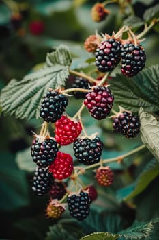Blackberries grow in the garden. Ripe and unripe blackberries on a bush, food Generative AI,
