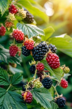 Blackberries grow in the garden. Ripe and unripe blackberries on a bush, food Generative AI,