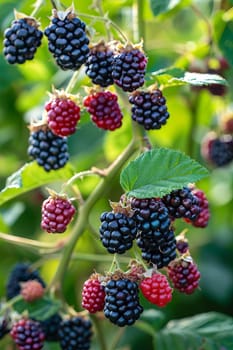 Blackberries grow in the garden. Ripe and unripe blackberries on a bush, food Generative AI,
