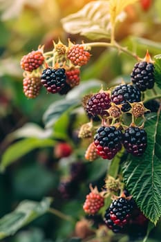 Blackberries grow in the garden. Ripe and unripe blackberries on a bush, food Generative AI,