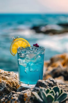 A glass of cocktail on a sandy coral beach, drink Generative AI,