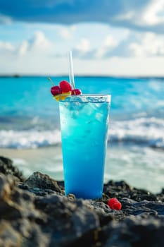 A glass of cocktail on a sandy coral beach, drink Generative AI,