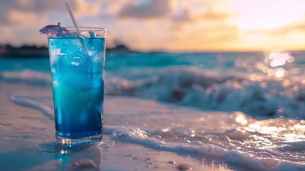 A glass of cocktail on a sandy coral beach, drink Generative AI,