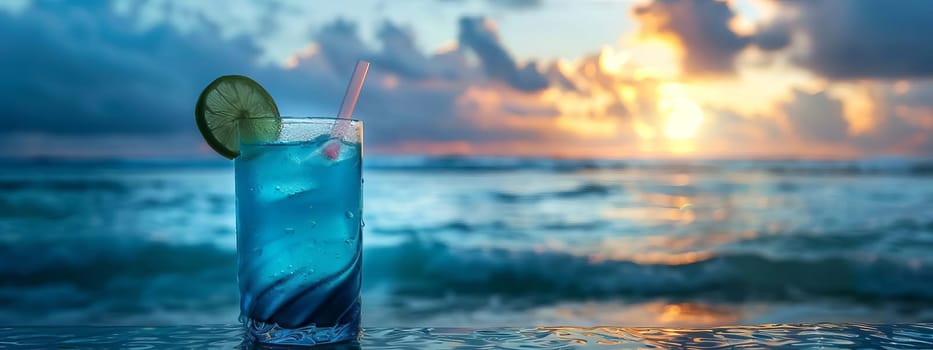 A glass of cocktail on a sandy coral beach, drink Generative AI,