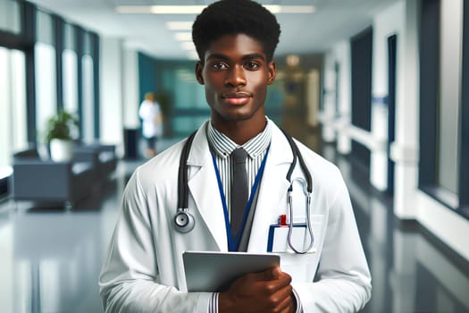 young black male doctor wearing a white lab coat and a stethoscope around his neck in the hospital.