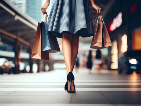 the lower part of a woman walking away in high heels, carrying shopping bags, back view