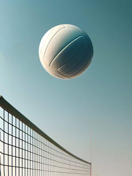a volleyball net with a volleyball flying over it, set against a blue sky background.