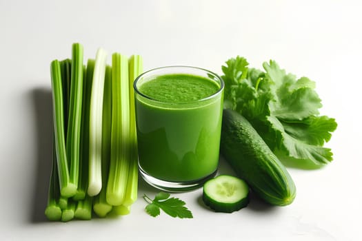 green vitamin cocktail for weight loss in a glass on a white background. Next to the glass is a fresh cucumber and several stalks of celery.