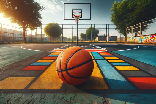 outdoor basketball court with a basketball in the center.