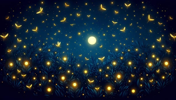 A horizontal dark blue night background with yellow fireflies and moon.