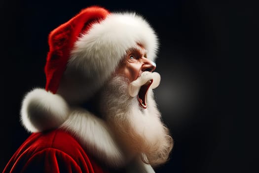 Santa Claus with his mouth open screams on a black background, copy space.