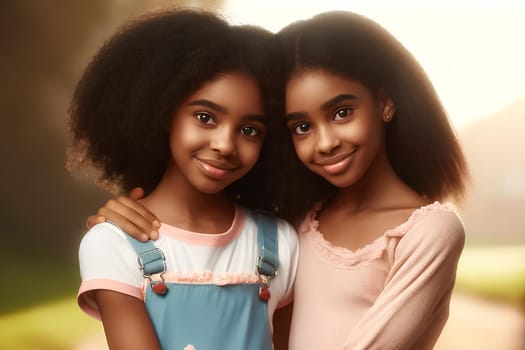 two smiling young Black sisters standing and hugging each other.