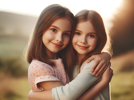 two smiling little sisters standing and hugging each other.