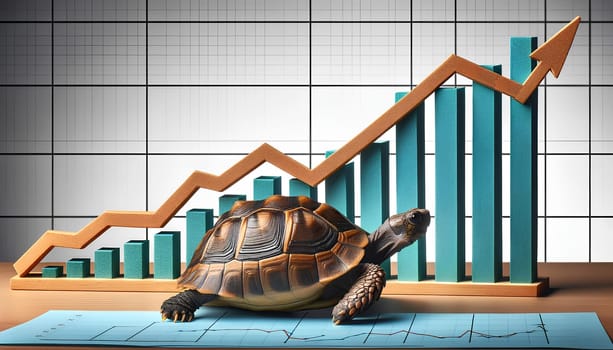 turtle crawling against the background of a growing bar graph, the slow path to success.