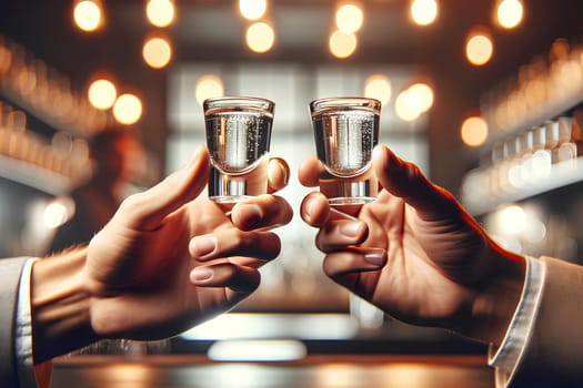 two men's hands clinking shot glasses filled with vodka in a bar.
