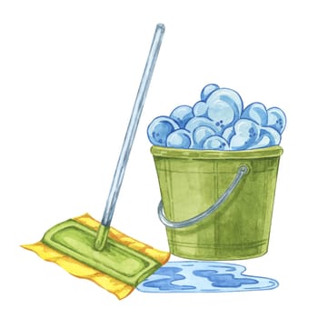 Green mop, yellow rag and washing bucket with blue foam. Household cleaning utensil watercolor illustration. Clipart for housekeeping, janitorial services, sticker, flyer, spring cleaning and posters